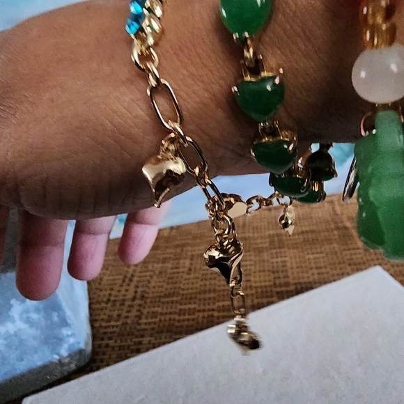 Gold Heart Bracelet with Turquoise Crystal Stones and Heart Charms - Picture 4 of 10